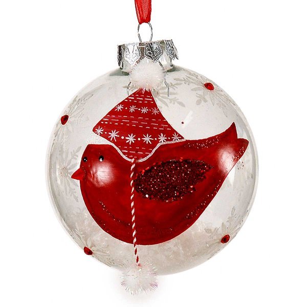 Χριστουγεννιάτικη Γυάλινη Μπάλα Λευκή με Κόκκινο Πουλάκι (10cm)